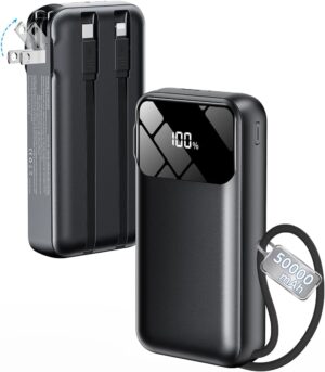 Portable Charger 50000mAh, Power Bank with Built-in Cables & Wall Plug